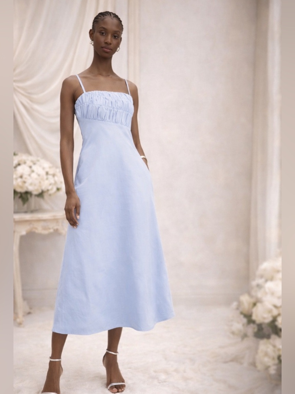 Elexiay Yolanda Midi Dress Light Blue Ruched Bodice NWT